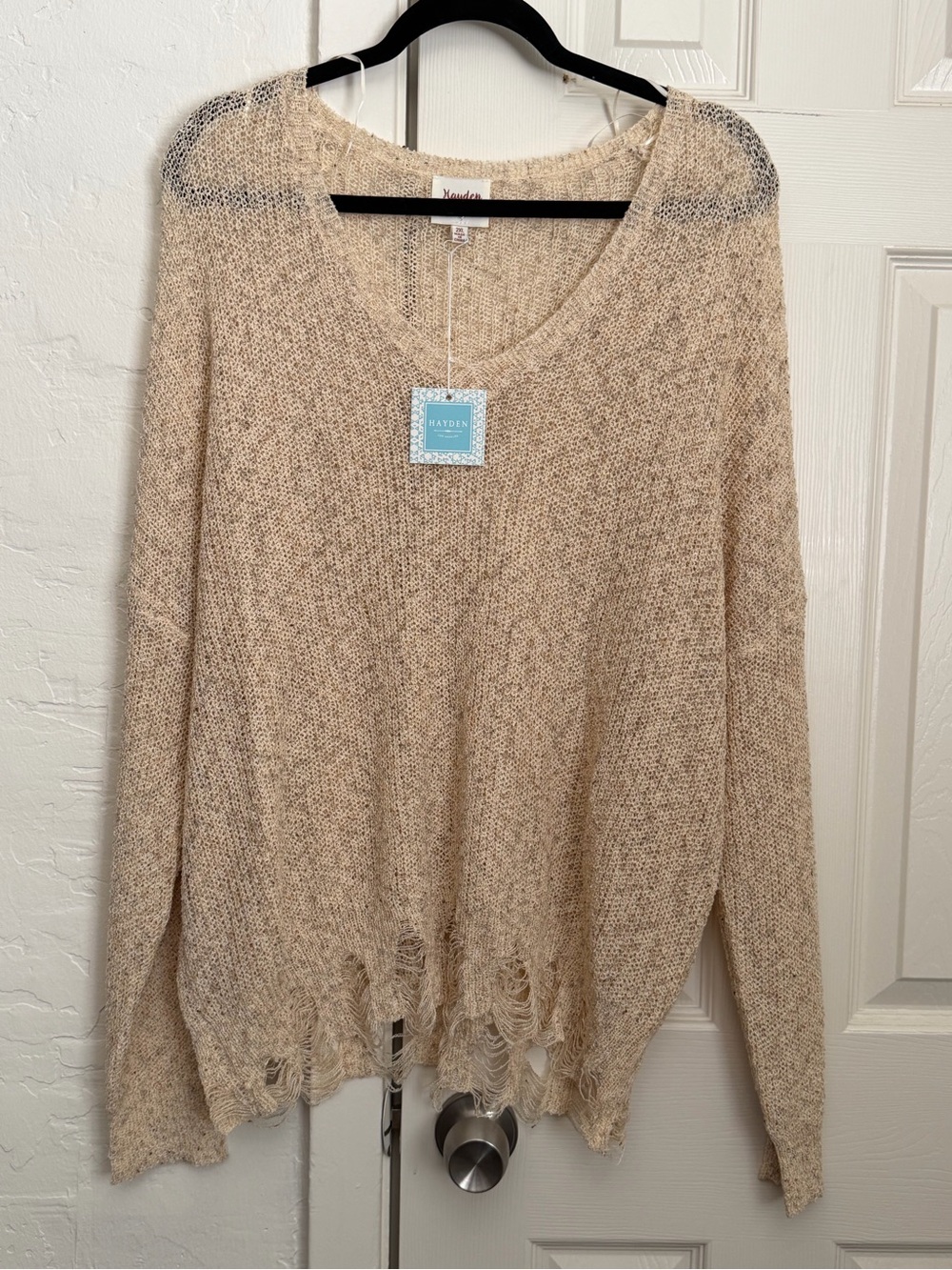 Hayden Los Angeles V-Neck Distressed Open-Knit Sweater